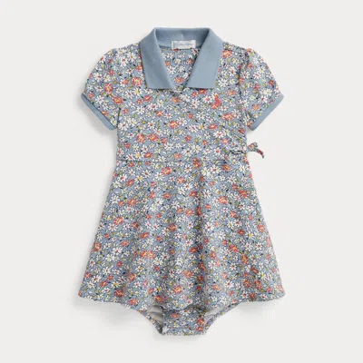 Ralph Lauren Babies'  Floral Mesh Faux-wrap Dress & Bloomer In Blue