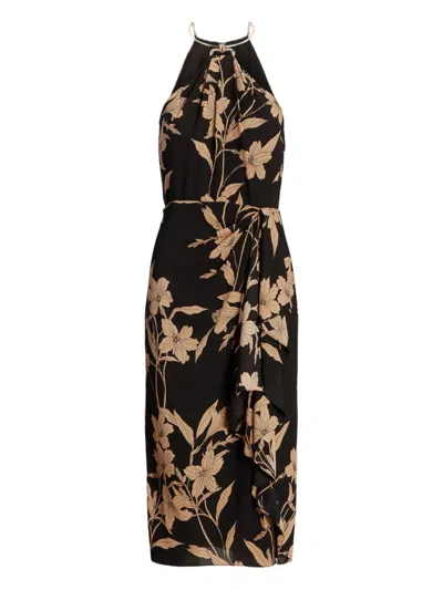 Ralph Lauren Floral Metal-necklace Midi Dress In Black