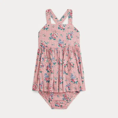 Ralph Lauren Babies'  Floral-print Slub Cotton Dress & Bloomer In Pink