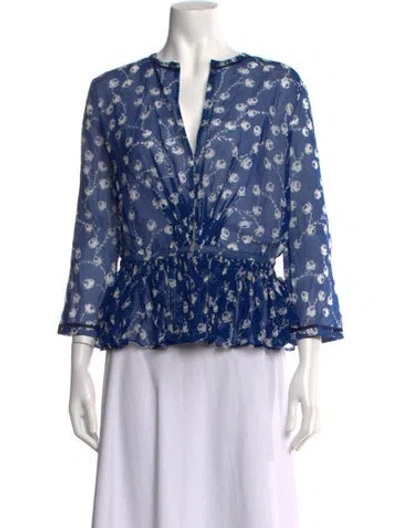 Pre-owned Ralph Lauren Floral Print V-neck Blouse In Blue