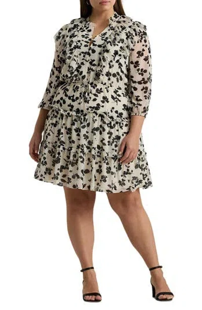 Ralph Lauren Floral Ruffle Tiered Fit & Flare Dress In Cream/black