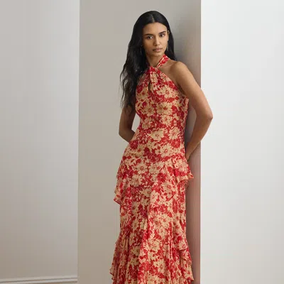 Ralph Lauren Floral Ruffle-trim Georgette Halter Gown In Multi
