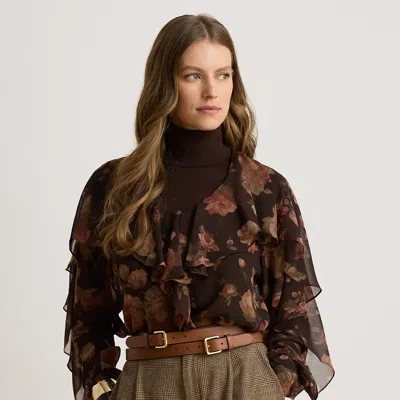 Ralph Lauren Floral Ruffle-trim Chiffon V-neck Blouse In Brown Multi