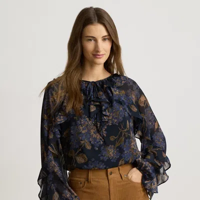 Ralph Lauren Floral Ruffle-trim Georgette Blouse In Navy Multi In Blue