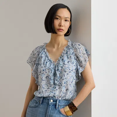 Ralph Lauren Floral Ruffle-trim Georgette Blouse In White/blue In Multi