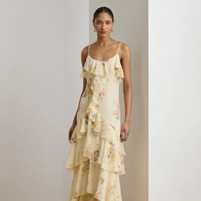 Ralph Lauren Floral Ruffle-trim Georgette Gown In Cream Multi In Yellow