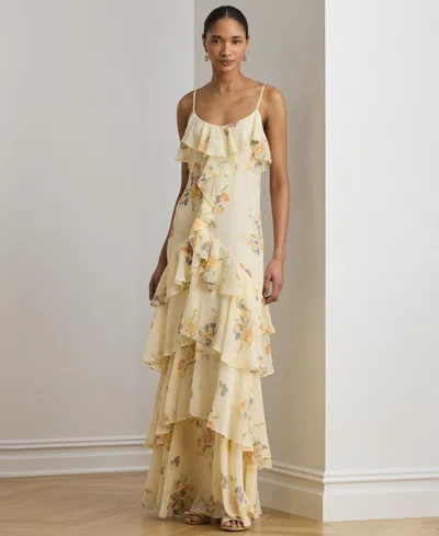 Ralph Lauren Floral Ruffle-trim Georgette Gown In Cream Multi In Yellow