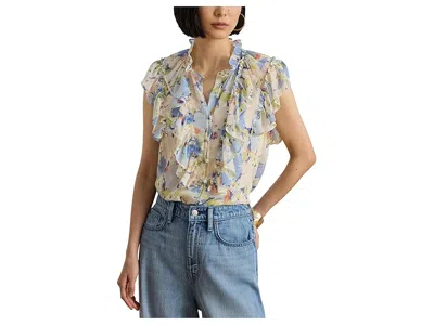 Ralph Lauren Floral Ruffle-trim Georgette Shirt In Multi