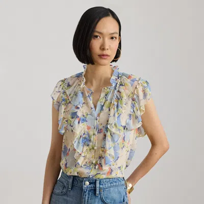 Ralph Lauren Floral Ruffle-trim Georgette Shirt In Blue Multi