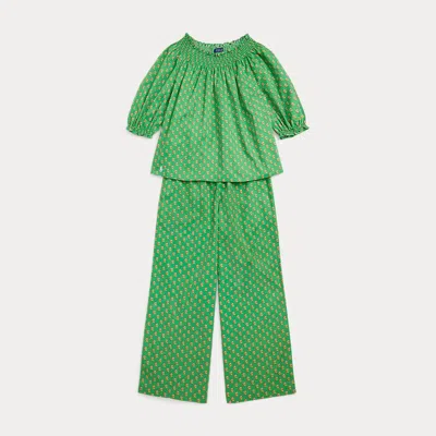 Ralph Lauren Kids' Floral Smocked Cotton Top & Trouser Set In Green