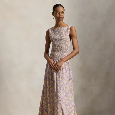 Polo Ralph Lauren Floral Smocked Crinkled Dress In Soft Bloom Purple Yellow In Multi