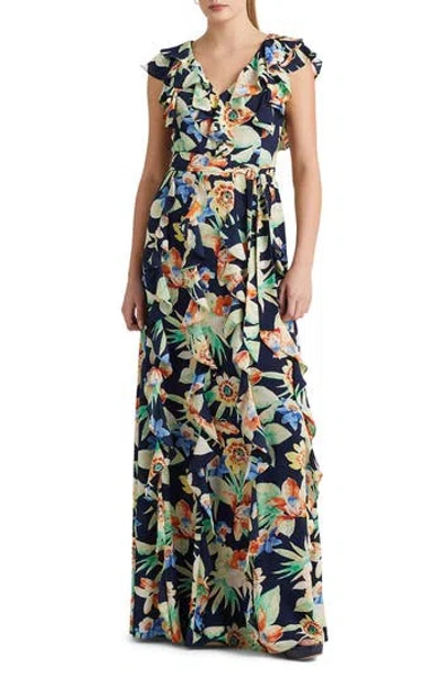 Ralph Lauren Floral Tie Waist Dress In Navy Multi