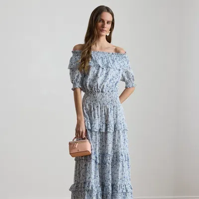 Ralph Lauren Floral Voile Off-the-shoulder Dress In Blue