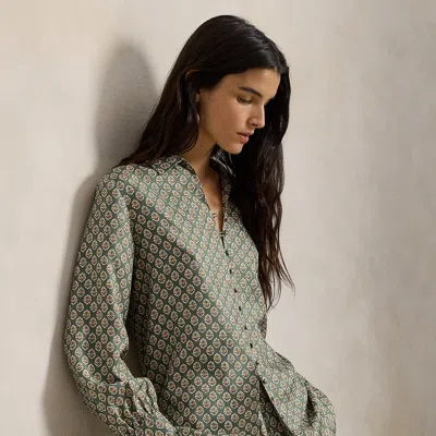 Polo Ralph Lauren Floral-print Silk Shirt In Wood Block Spikey Flower In Green