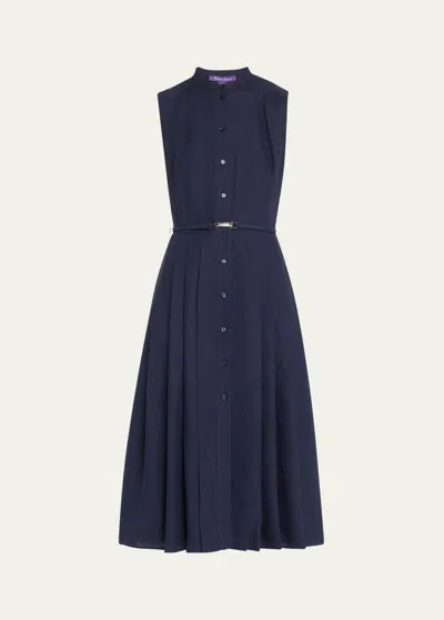Polo Ralph Lauren Freida Pleated Leather Belt Midi Linen Dress In Navy