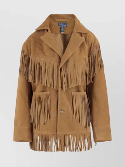 Ralph Lauren Fringed Leather Coat Notched Lapels In Brown