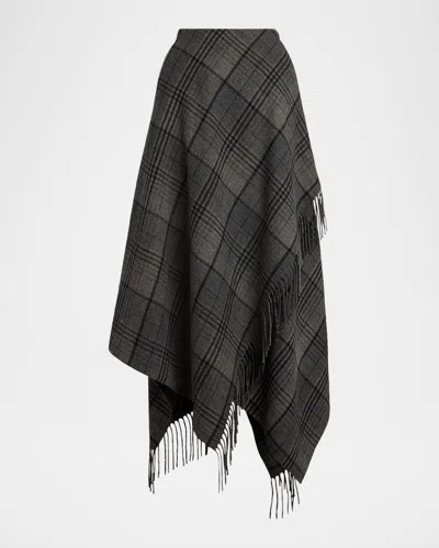 Ralph Lauren Fringed Plaid Wrap Midi Skirt In Gray