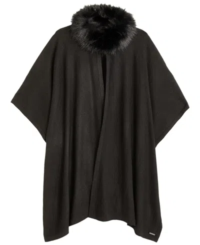 Ralph Lauren Fur Collar Knit Ruana Wrap In Black