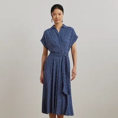 Ralph Lauren Geo-print Belted Crepe Dress In Blue/white