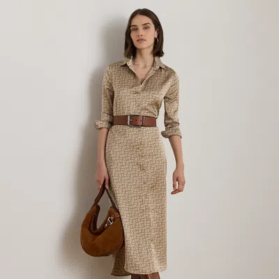 Ralph Lauren Geo-print Satin Charmeuse Shirtdress In Brown