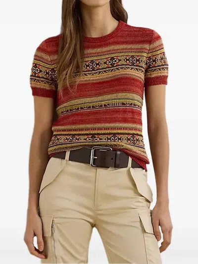 Ralph Lauren Lauren  Geo Stripe Short Sleeve Sweater In Red