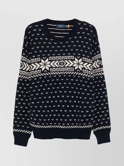 Ralph Lauren Geometric Intarsia Knit Crew Neck Sweater In Black