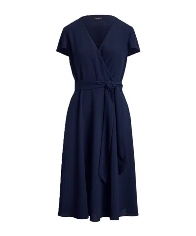 Ralph Lauren Georgette Surplice V-neck Short Sleeve Belted Midi Dress In Blue