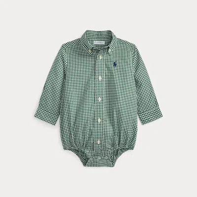 Ralph Lauren Babies'  Gingham Cotton Poplin Bodysuit In Green