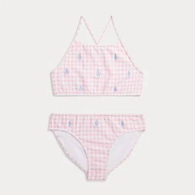Ralph Lauren Kids' Gingham Polo Pony Two-piece Swimsuit In Pink