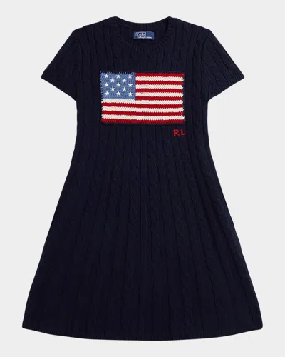 Ralph Lauren Kids' Girl's American Flag Cashmere Cable Knit Dress In Refined Navy Multi