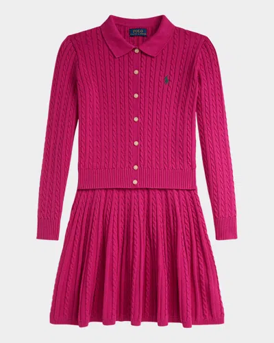 Ralph Lauren Kids' Girl's Cable-knit Polo Cardigan & Skirt Set In Pink