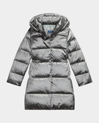 Ralph Lauren Kids' Girl's Celia Metallic Long Hooded Down Jacket In Silver