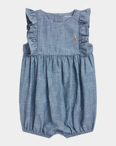 Ralph Lauren Kids' Girl's Chambray Ruffle-trim Bubble Romper In Blue