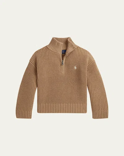 Ralph Lauren Kids' Girl's Cotton Knit Mock-neck Sweater In Brown