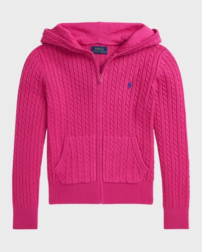 Ralph Lauren Kids' Girl's Embroidered Cable Knit Hoodie In Pink