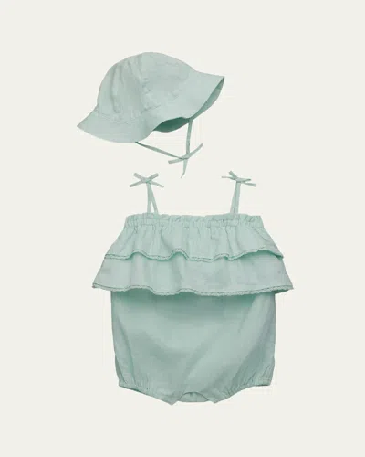 Ralph Lauren Kids' Girl's Embroidered Linen Shortall & Bucket Hat Set In Green
