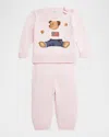 Ralph Lauren Girl's Flag Bear Intarsia Knit Sweater And Pants Set In Morning Pink