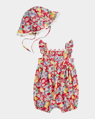 Ralph Lauren Kids' Girl's Floral & Lemon-print Romper W/ Sun Hat In Red