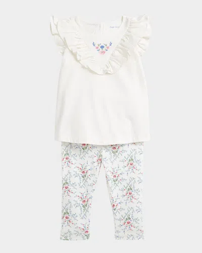 Ralph Lauren Kids' Girl's Floral-print Cotton Jersey Legging Set In Neutral