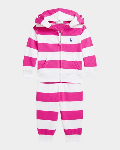 Ralph Lauren Kids' Girl's French Terry & Jogger Pants Set In Belmont Pink White Stripe