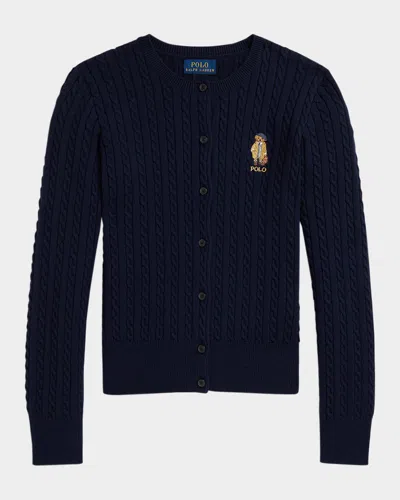 Ralph Lauren Kids' Girl's Polo Bear Mini Cable-knit Sweater Cardigan In Blue