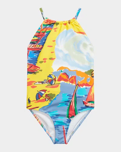 Ralph Lauren Kids' Girl's Printed Ruffle One-piece Swimsuit In Seaside Village Haven
