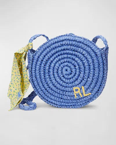 Ralph Lauren Kids' Girl's Raffia Circular Embroidered Bag In Blue W Floral