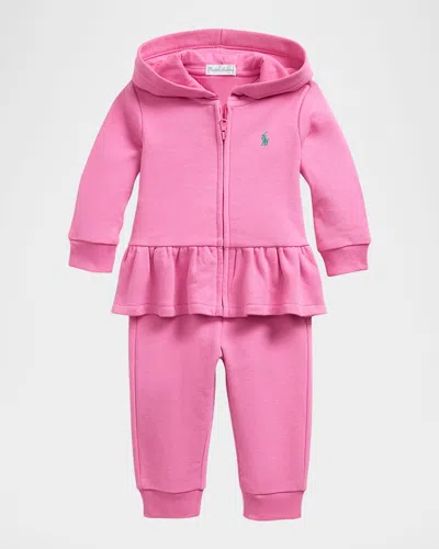 Ralph Lauren Kids' Girl's Ruffle French Terry Hoodie Set In Pink