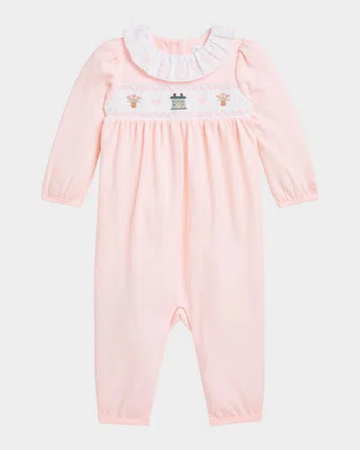 Ralph Lauren Kids' Girl's Smocked Embroidered Coverall In Pink