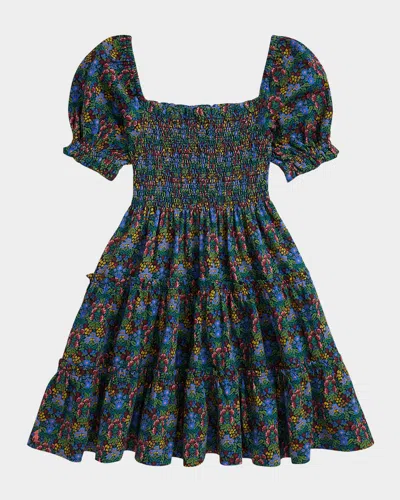 Ralph Lauren Kids' Girl's Smocked Floral Cotton Jersey Dress In Blue
