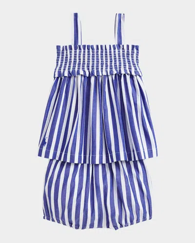 Ralph Lauren Kids' Girl's Smocked Striped Two-piece Set In Royal White