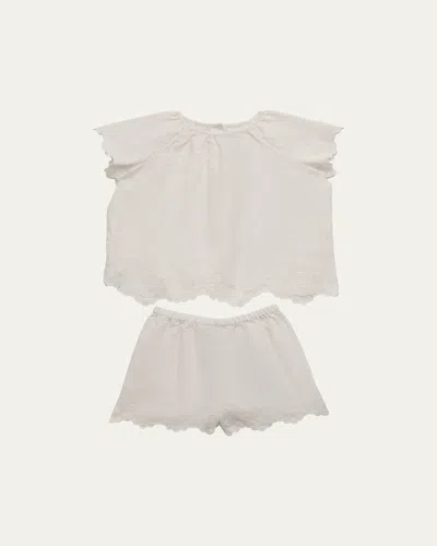 Ralph Lauren Kids' Girl's Starfish-embroidered Linen Top & Shorts Set In White