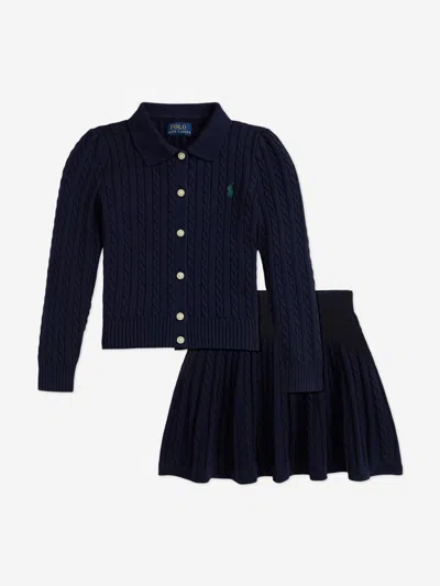 Ralph Lauren Babies' Girls Cable Knit Cardigan And Skirt Set In Blue