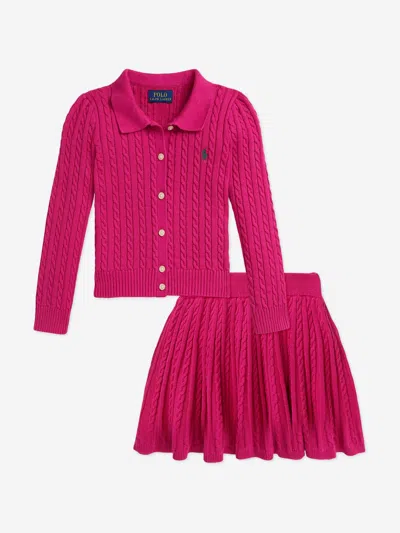 Ralph Lauren Kids' Girls Cable Knit Cardigan And Skirt Set In Pink